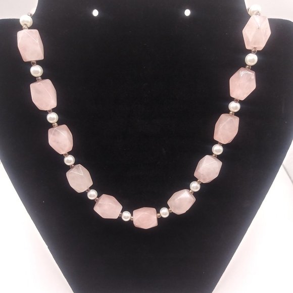 Mid-Century s925 Faceted Rose Quartz/ Pearl Choker - Picture 2 of 8